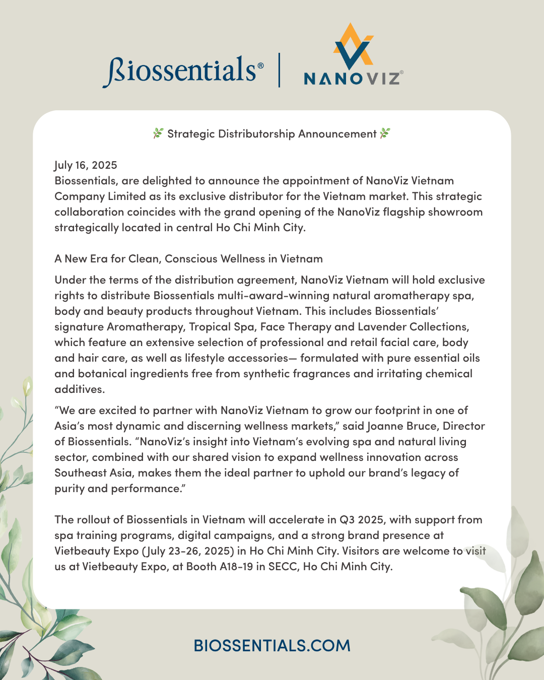Announcement appointing NanoViz as Biossentials’ exclusive distributor in Vietnam