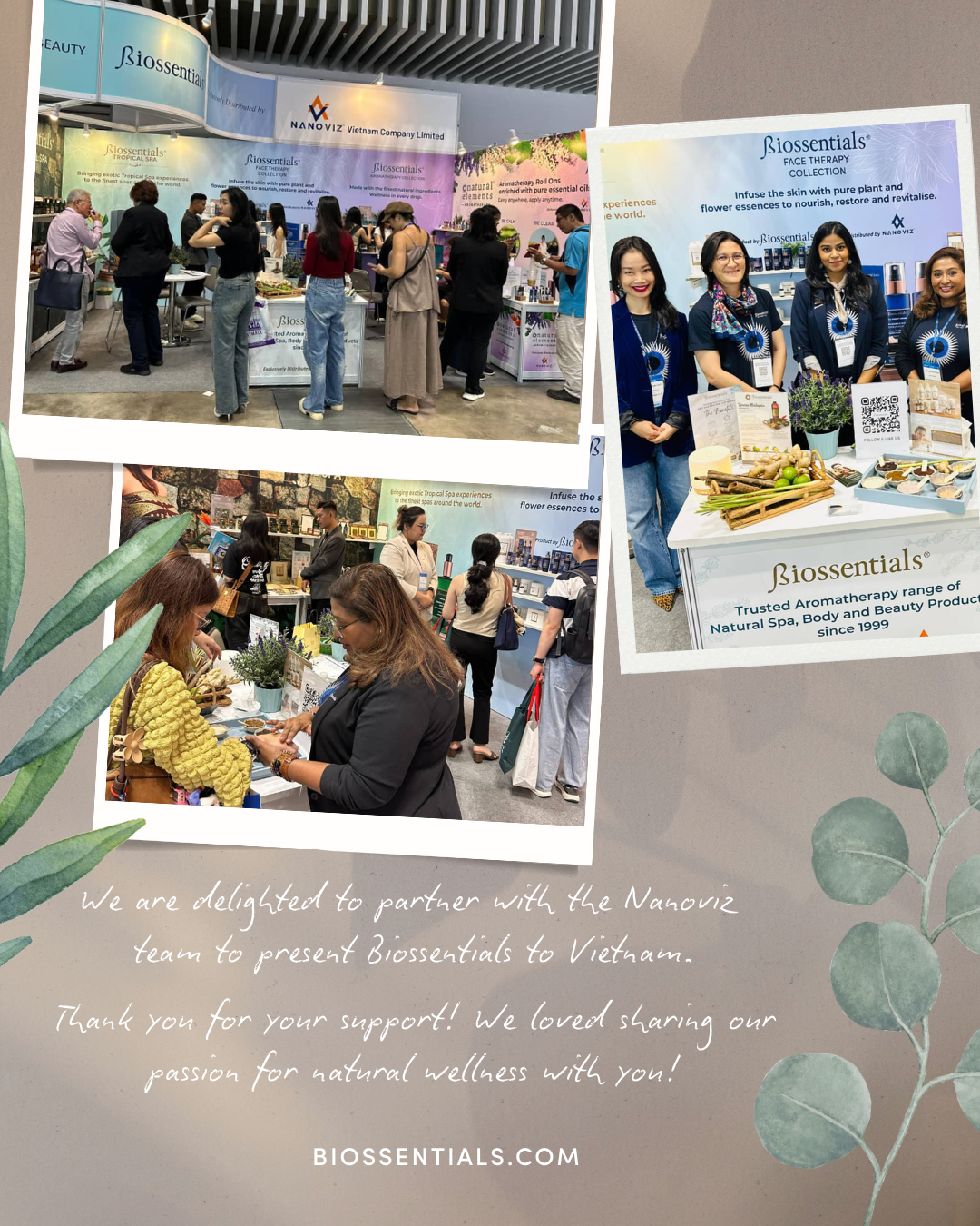 Biossentials and NanoViz teams presenting natural spa and beauty products to visitors at Vietbeauty 2025