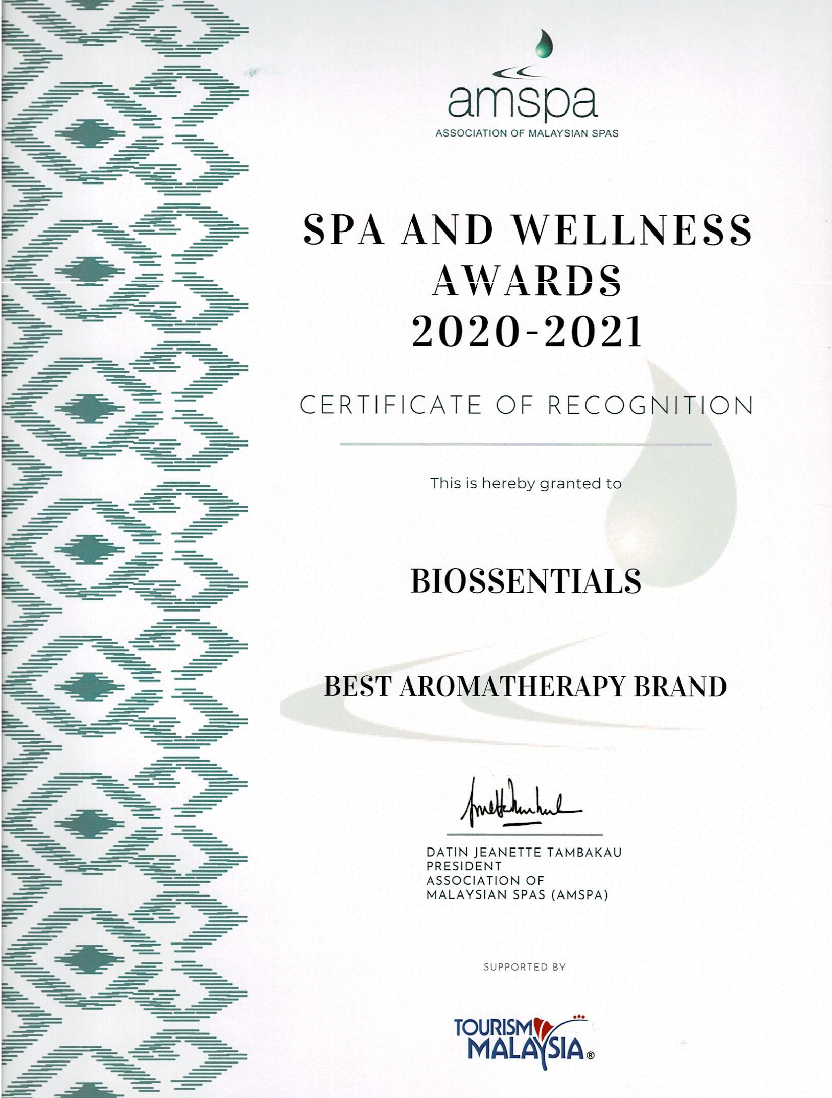Biossentials certificate for Best Aromatherapy Brand at the AMSPA Spa and Wellness Awards 2020–2021