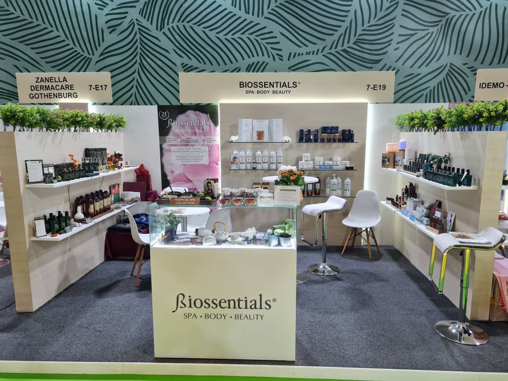 Biossentials spa, body and beauty product stand at Beautyworld Middle East 2024