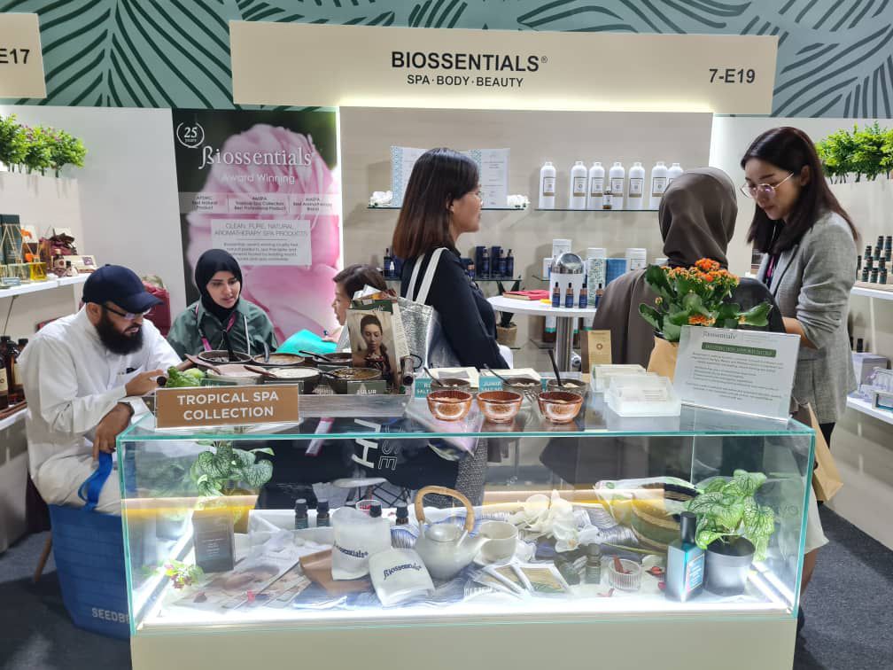 Biossentials team demonstrating the Tropical Spa Collection at Beautyworld Middle East 2024