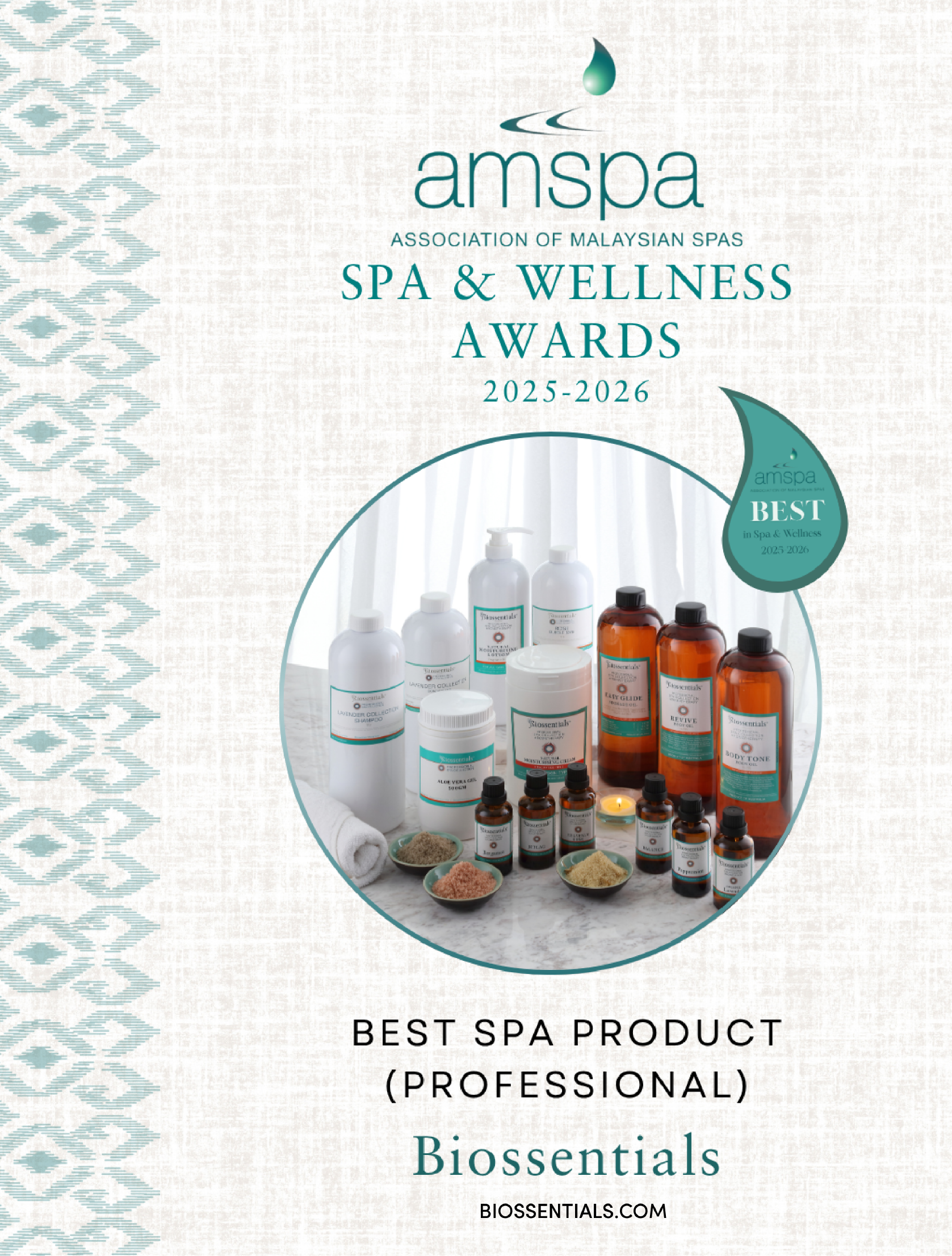 Biossentials winner of Best Spa Product Professional at the AMSPA Spa and Wellness Awards 2025–2026