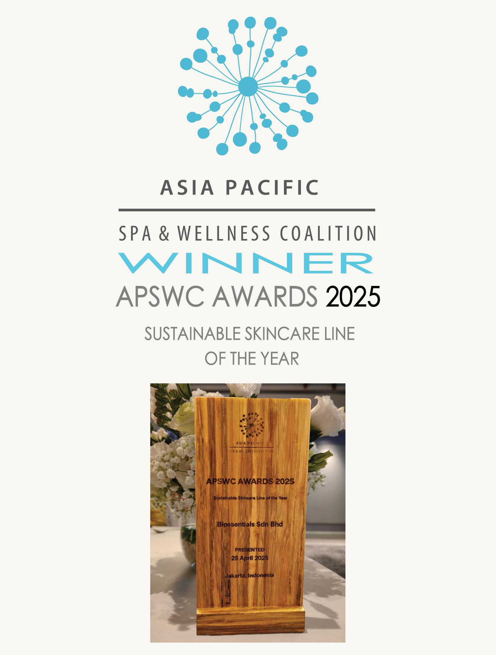 Biossentials winner of Sustainable Skincare Line of the Year at the APSWC Awards 2025