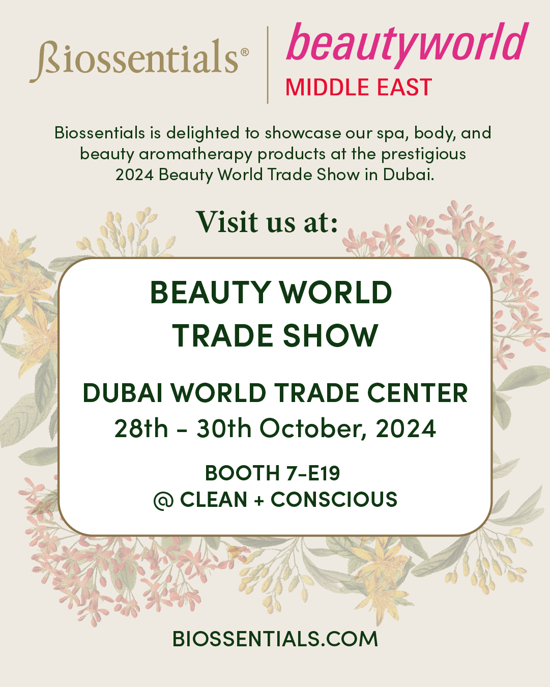 Biossentials at Beautyworld Middle East 2024 in Dubai, 28–30 October, booth 7-E19