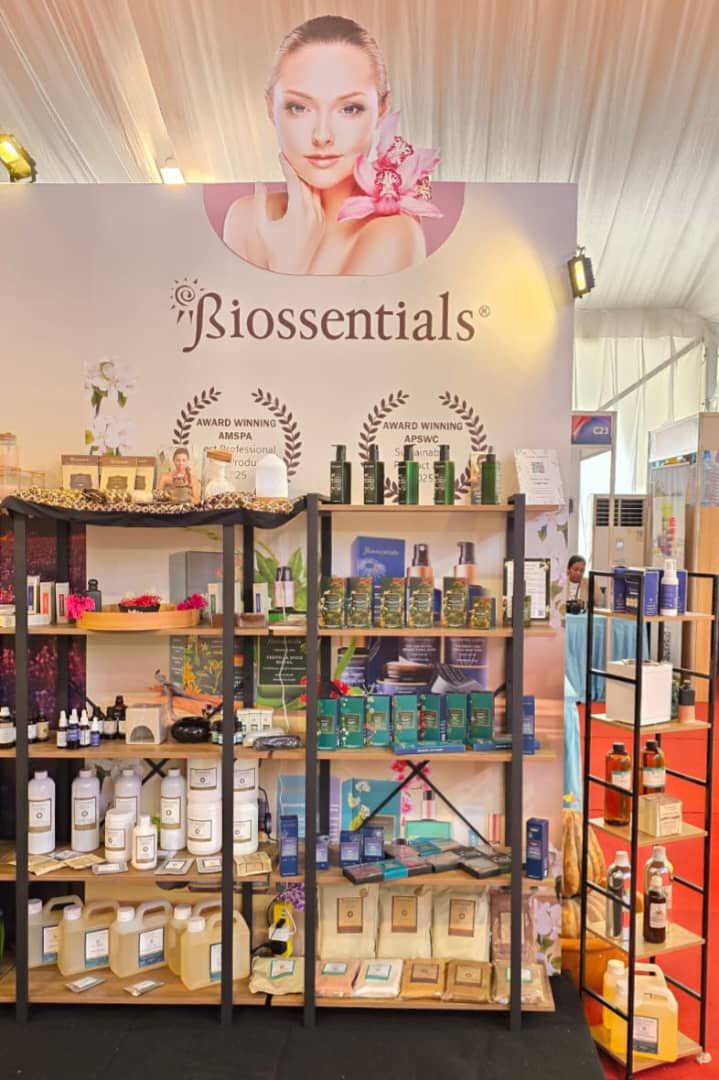 Biossentials professional spa, skincare and body products displayed at an exhibition