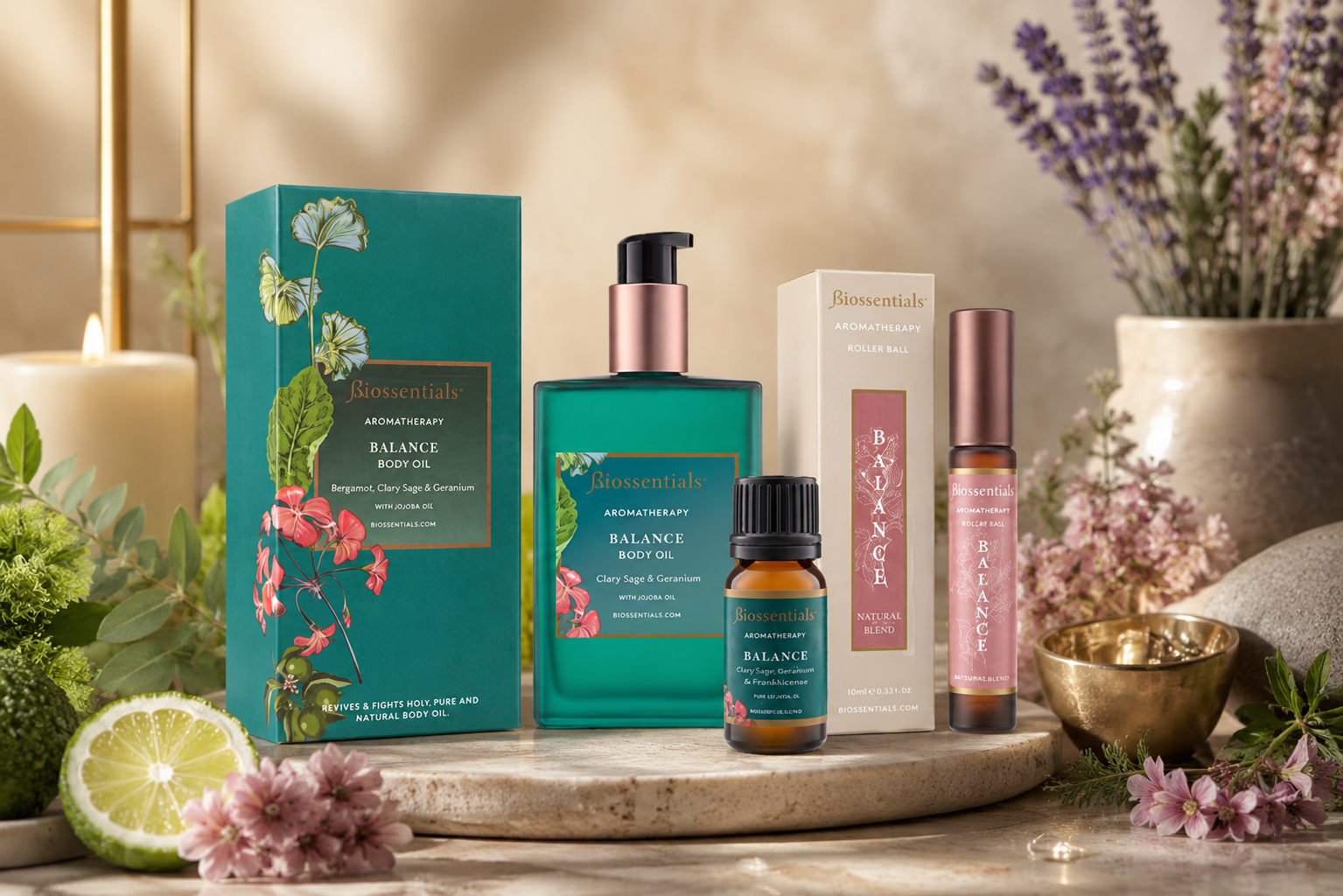 Biossentials Balance Body Oil, essential oil blend and aromatherapy roller ball