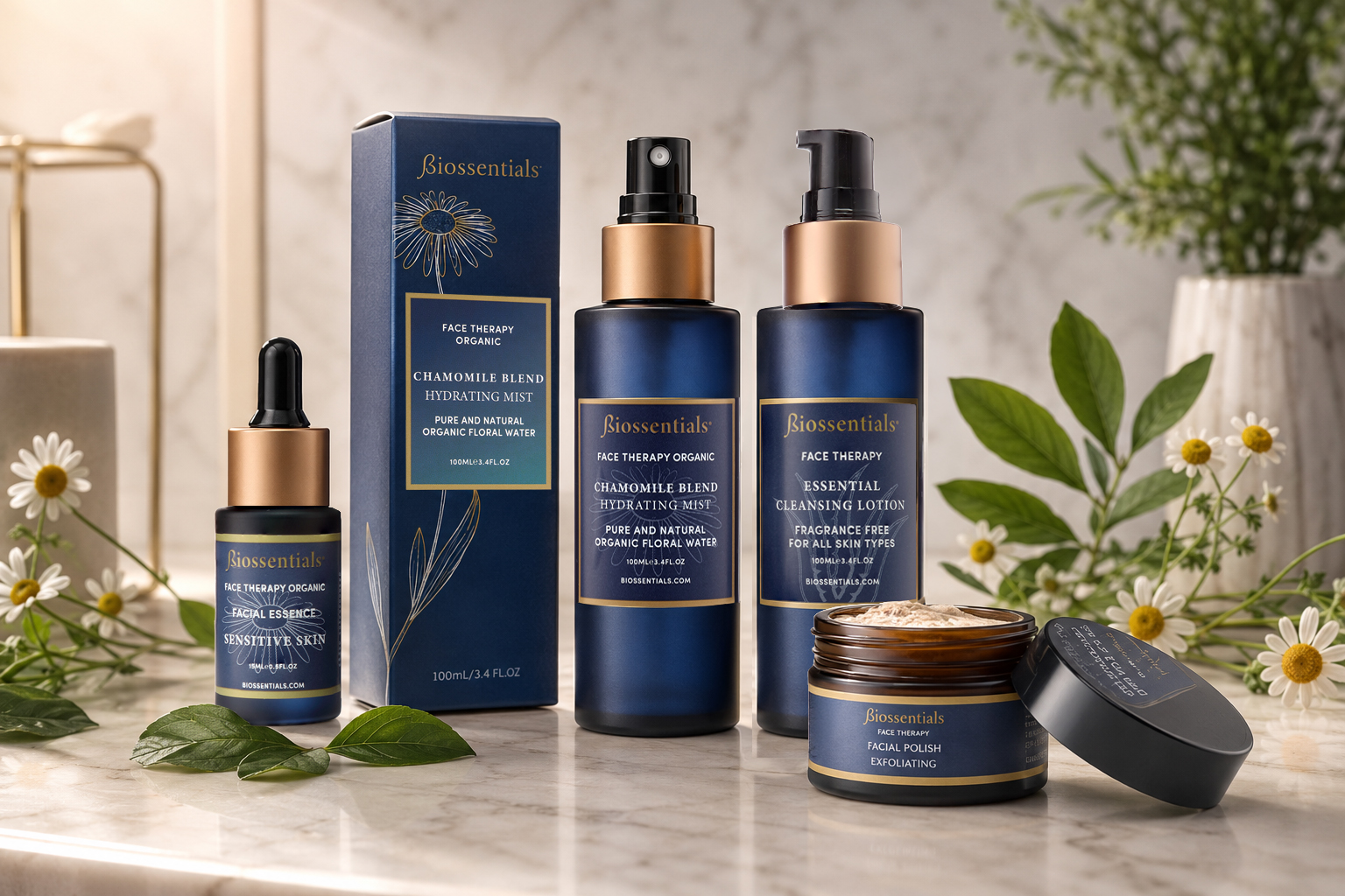 Biossentials Face Therapy facial essence, hydrating mist, cleansing lotion and exfoliating polish
