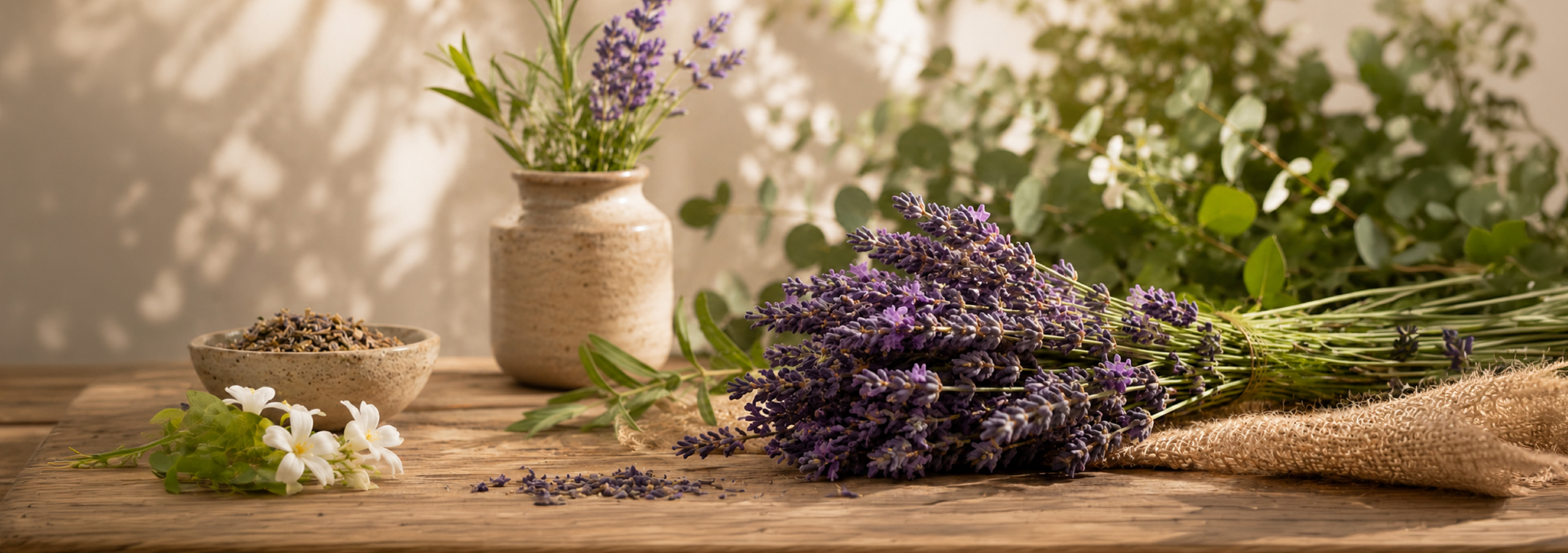 Fresh and dried lavender flowers arranged with natural botanicals on a wooden table