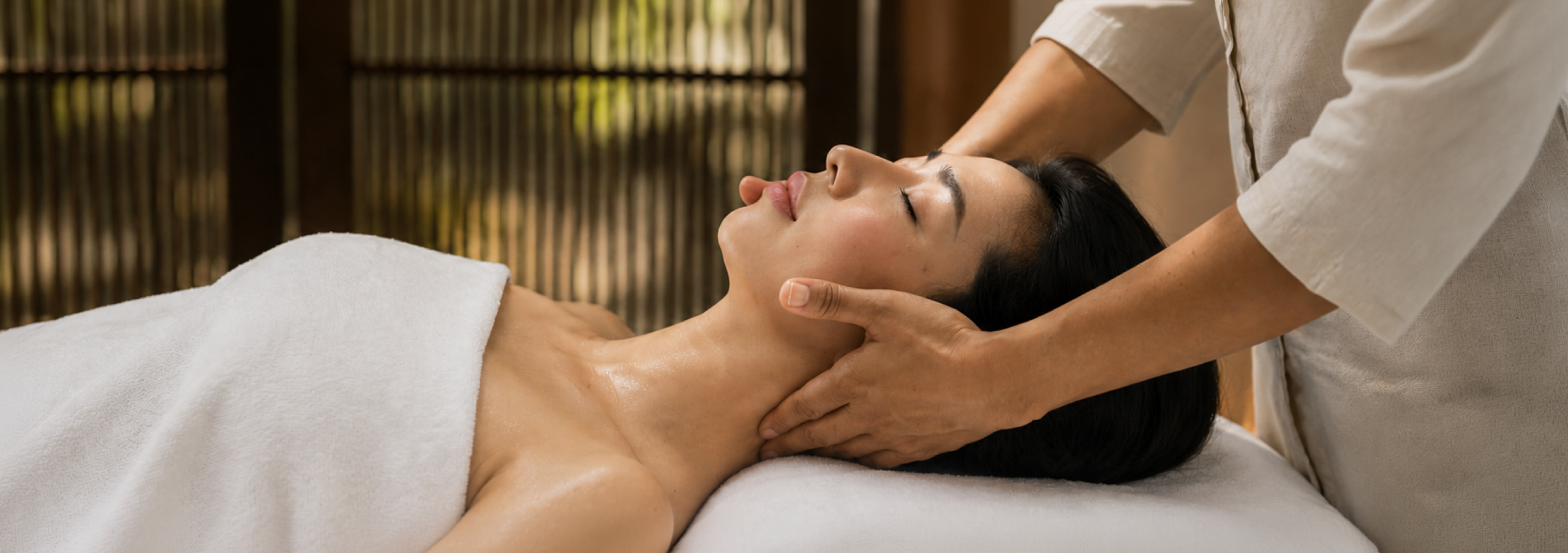 Spa therapist performing a relaxing Biossentials neck and shoulder massage